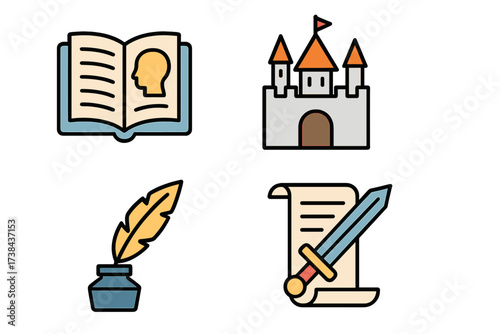 Vector illustration icon set of storytelling items. Fantasy symbols including book, castle, quill, and sword. For history, adventure, and fairy tale concepts.