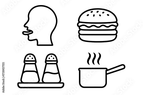 Food and cooking vector icon set. Outline symbols for taste, eating, restaurant. Includes hamburger, salt and pepper shakers, and a hot steaming pot. Simple line art design.