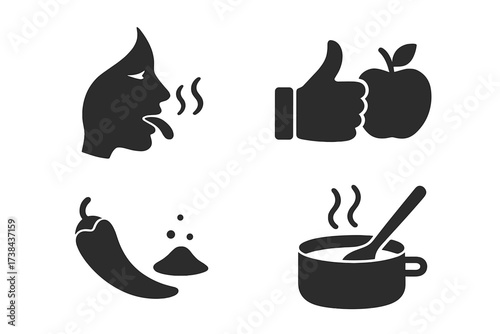 Food and taste vector icon set. Collection of glyphs for product quality, cooking, and flavor. Symbols for good taste, healthy apple, hot soup, and spicy chili pepper.
