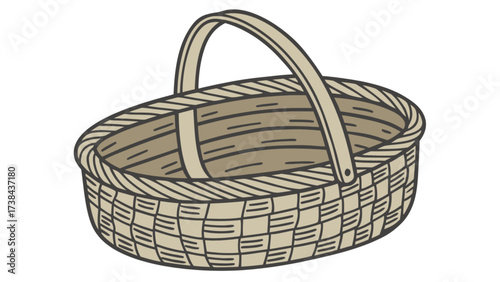 Illustration of a woven picnic basket with handle for storage and carrying items in a rustic style