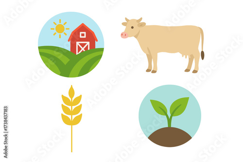 Agriculture and farming icon set. Farm life collection with cow, barn, wheat, and sprout. Vector illustration for organic food, livestock breeding, and rural landscape concepts.
