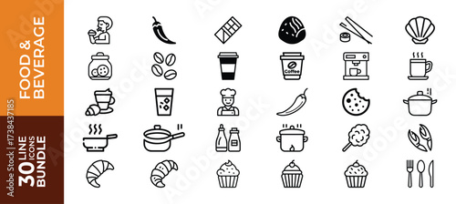 Food and beverage line icons bundle, isolated on white background