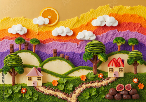 Creative food art landscape featuring broccoli trees, vegetable houses, and colorful fruit sunset. Whimsical healthy eating concept with natural ingredients arranged as pastoral scene.
