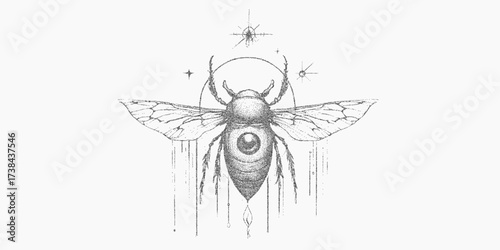 Mystical beetle print, tattoo style. Black shape with sand grit surface, rough ink shading and speckled noise pattern, subtle threshold and grainy background blur.