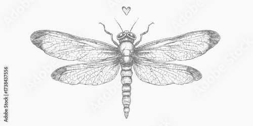 Dragonfly and heart print. Grainy brushstroke with distressed ink texture, subtle speckle overlay and rough threshold shading, paper noise and soft stipple dust.