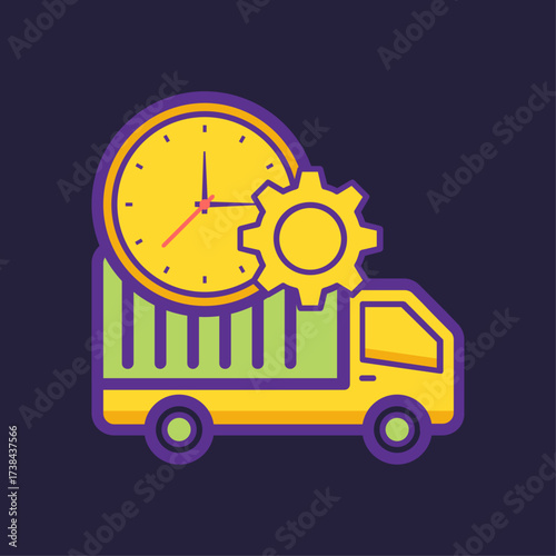 Logistics Truck with Clock and Gear – Delivery and Supply Chain Vector Illustration
