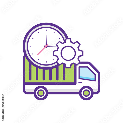 Delivery Truck with Clock and Gear – Logistics and Time Management Vector