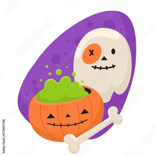 Halloween illustration. Pumpkin and ghost on a purple background. Flat style illustration.
