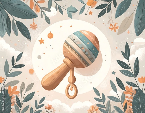 Pastel rattle surrounded by foliage and flowers