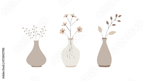 Three vases with flowers illustration, floral art print, minimalist botanical home decor, neutral tones