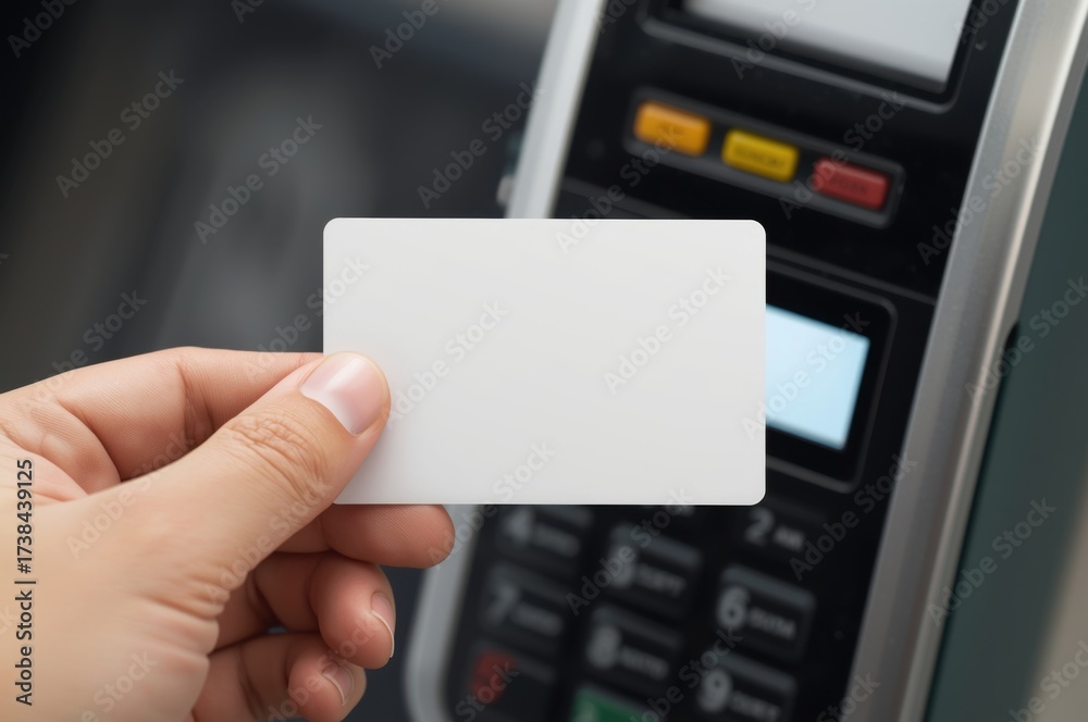 Obraz premium Close up hand holding blank white card near payment terminal represents cashless transactions