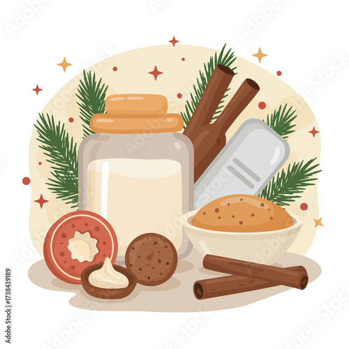 Holiday baking ingredients with cookies, spices, and flour in a bowl  