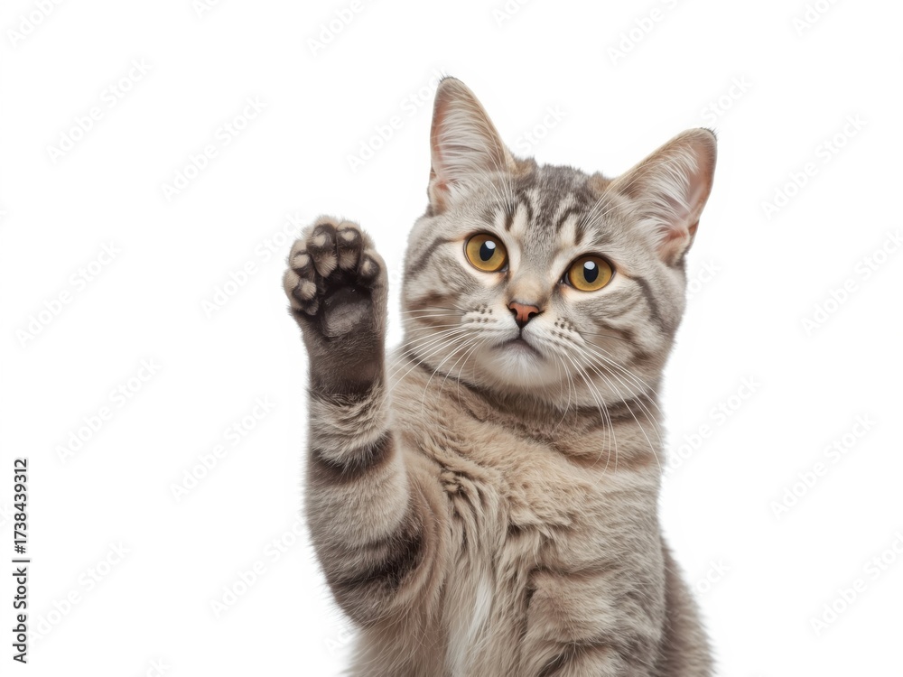 Fototapeta premium Curious tabby kitten raising its paw as if to ask a question on a clean bright setting