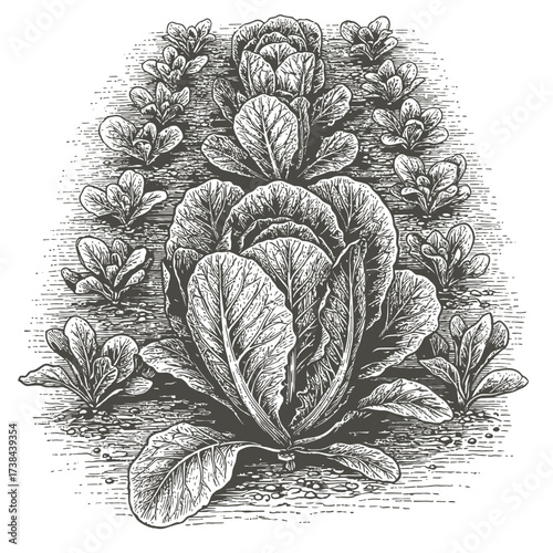 Rows of lettuce growing in garden with detailed sketch design  