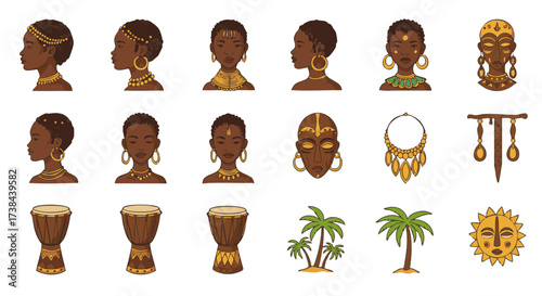 Vector icons set African girl with traditional head beads and jewelry
