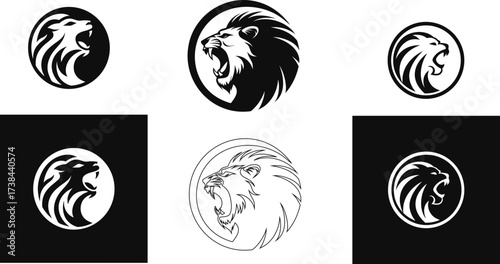 vector icon set of roaring lion head