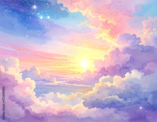 Pastel sky with clouds and stars