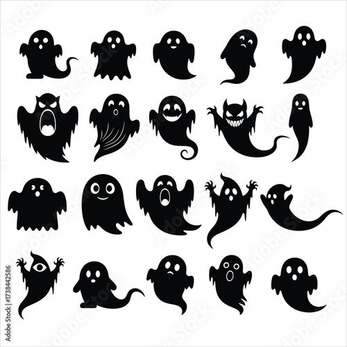 Collection of spooky and playful ghost silhouettes in various poses isolated on white background