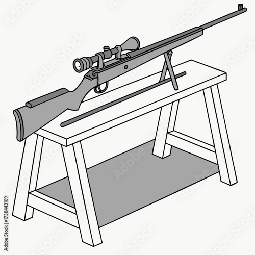 Sport Rifle Standing on a Table in Ready-to-Use Position, Vector Illustration