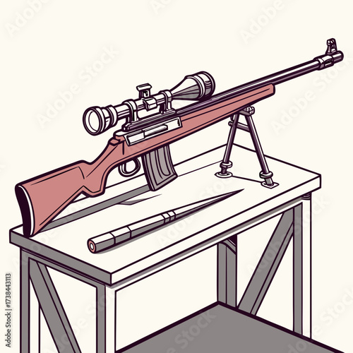 Sport Rifle Standing on a Table in Ready-to-Use Position, Vector Illustration