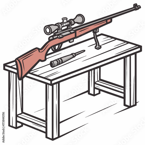 Sport Rifle Standing on a Table in Ready-to-Use Position, Vector Illustration