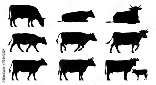 Cow Set Silhouette Vector Illustration , Animal Silhouette Vector