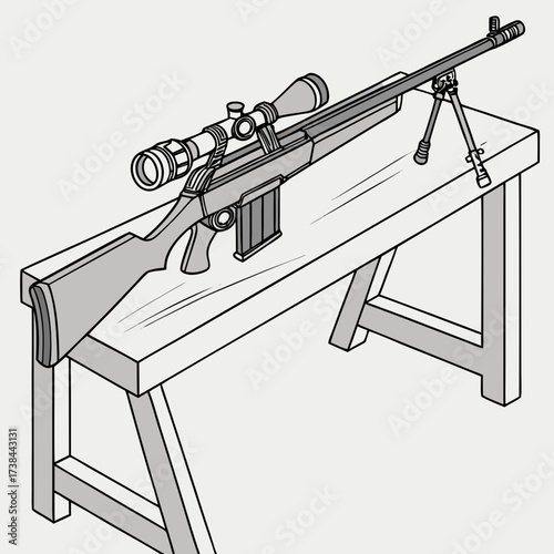Sport Rifle Standing on a Table in Ready-to-Use Position, Vector Illustration