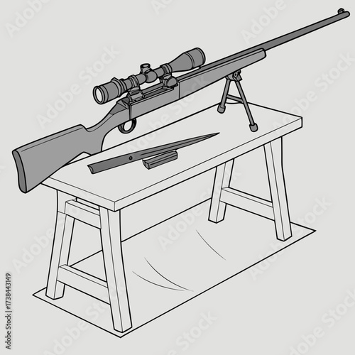 Sport Rifle Standing on a Table in Ready-to-Use Position, Vector Illustration