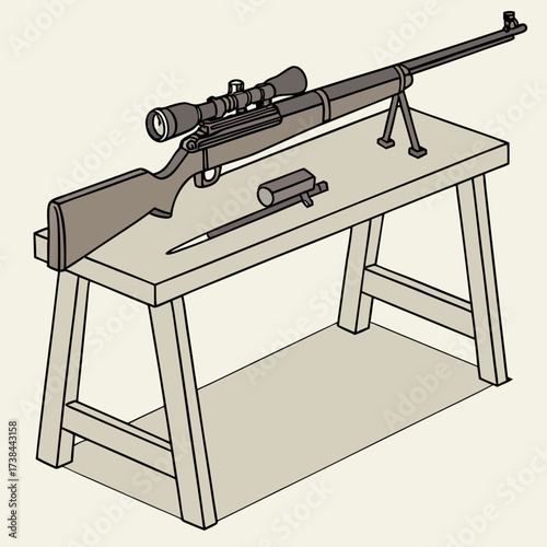 Sport Rifle Standing on a Table in Ready-to-Use Position, Vector Illustration