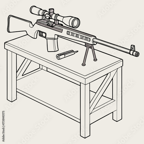 Sport Rifle Standing on a Table in Ready-to-Use Position, Vector Illustration