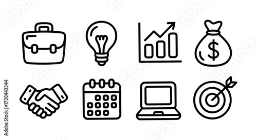 Hand Drawn Business Icons. Doodle style line vector set for planning, teamwork, and creative office design.