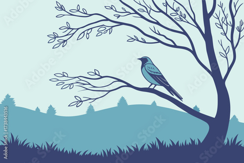 Songbird/Thrush Standing in Grass Vector - Monochrome Wildlife Graphic
