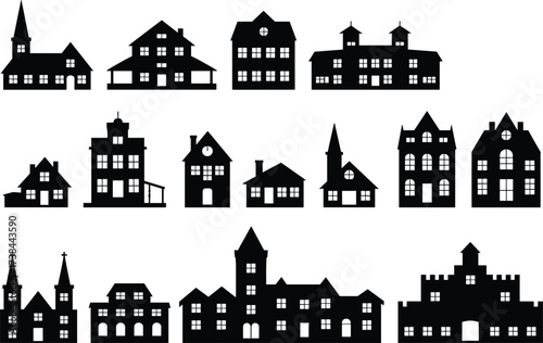 rural barns, residential homes, churches and castles, black vector icons, diverse building styles for inspiration
