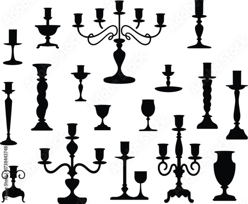 Vintage candlestick silhouettes, ornate goblets, antique candelabras, black vector icons, elegant home decor elements, classic ceremonial vessels, minimalist illustration set
