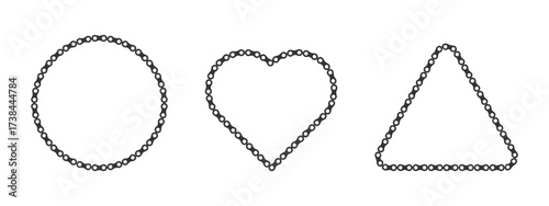 Circle, heart and triangle made of bicycle chain parts. Design elements for logos. Love for biking, cycling themes, mechanical concepts and fitness. Bicycle shop and repairing. Vector illustration. 