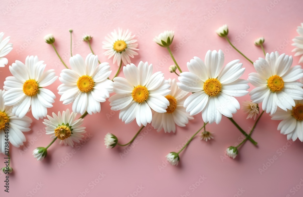 Obraz premium Daisy flowers with white petals, yellow centers on pink. Flower border background design. Floral decor creates spring season mood. Fresh vibrant blossoms for wallpaper, invitation or card design.