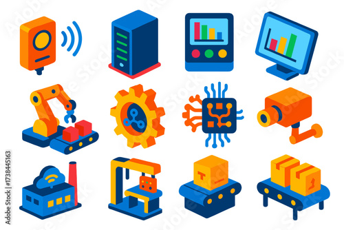 Industrial IoT Elements. Isometric vector illustration set Industrial IoT Monitoring: sensors, data server, control panel,