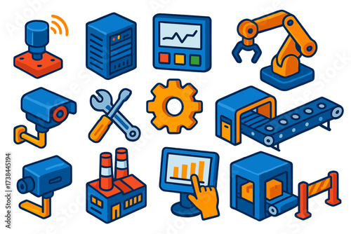 Smart Factory Technologies. Isometric vector illustration set Predictive Maintenance: machine sensors, data server, control panel,