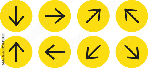 A collection of eight hand-drawn black arrows pointing in various directions, each enclosed within a vibrant yellow circular icon on a clean white background.