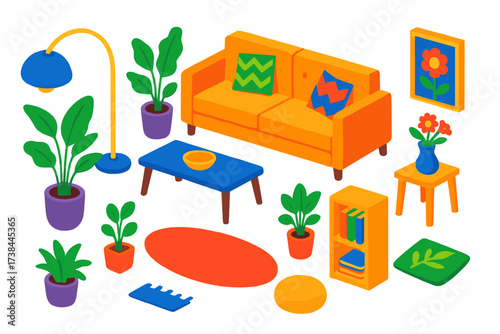 Isometric Indoor Plants Decor. Isometric vector illustration set Indoor Plants and Decor: sofa, arc lamp, large potted plant,