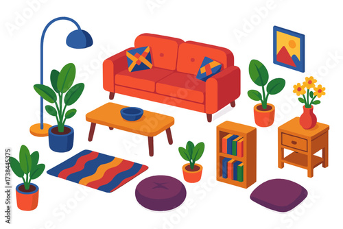 Isometric Indoor Plants Decor. Isometric vector illustration set Indoor Plants and Decor: sofa, arc lamp, large potted plant,