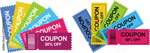 Colorful discount coupons with perforated edges, some offering 50% off, arranged in two fan-like groups on a white background.