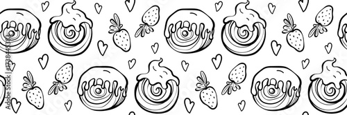 Yummy seamless food pattern with sweet pastry, strawberry and heart. Background with supreme roll. Perfect for bakery, packaging, fabric and wrapping paper. Vector doodle illustration.