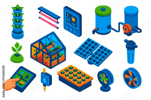 Vertical Farming Icons. Isometric vector illustration set Vertical Farming Technology: hydroponic tower, LED grow lights, climate