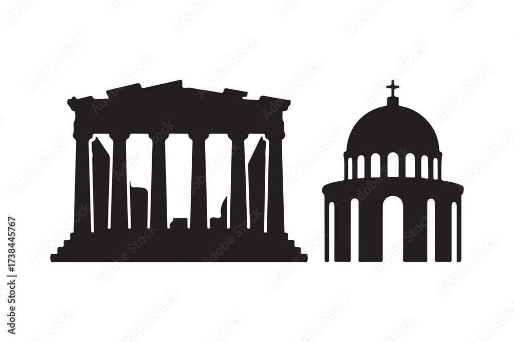 Obraz premium Ancient greek temple and byzantine church silhouettes