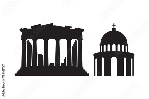 Ancient greek temple and byzantine church silhouettes