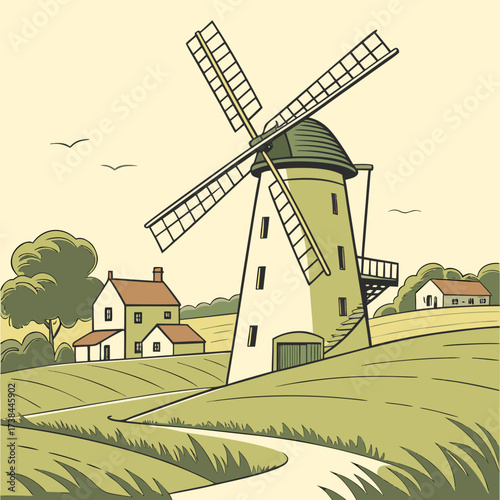 A charming vintage illustration of a traditional dutch windmill standing tall in a serene countryside landscape with rolling hills and quaint houses