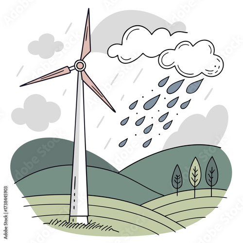 A lone wind turbine stands tall on rolling green hills under a cloudy sky with falling rain and gentle wind