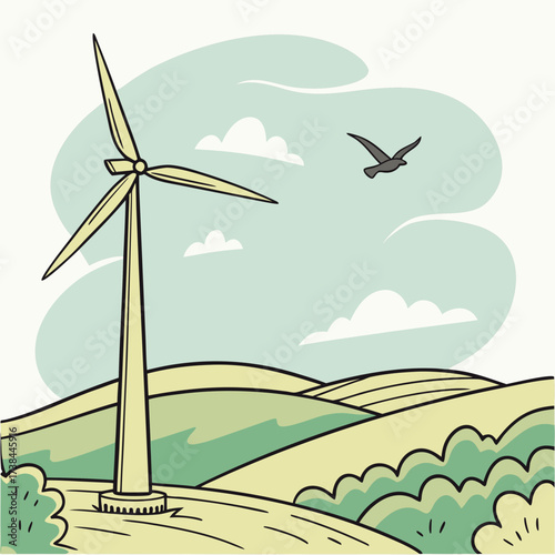 A stylized illustration of a wind turbine standing tall in a green rolling landscape under a cloudy sky with a bird flying