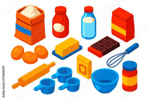 Vibrant Baking Ingredients Icons. Isometric vector illustration set Baking Ingredients: flour bag, sugar bag, eggs, butter stick,